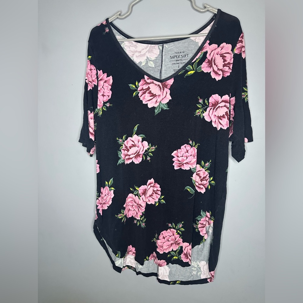 Torrid Black Top with Pink Floral Design